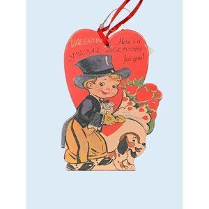 Valentines Day Boy Top Hat Puppy Card Ornament Vintage Inspired Retro Holiday